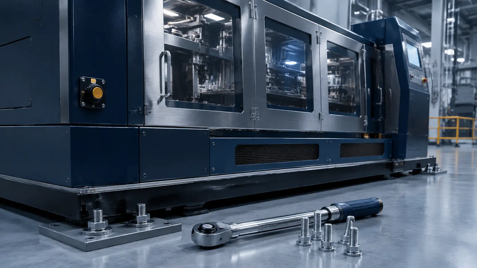 Conceptual illustration of safely stopped industrial machinery, installation fixings and assembly inspection tools