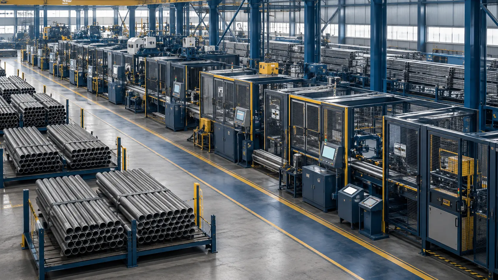 Conceptual illustration of an orderly production-line layout with clear material-handling routes