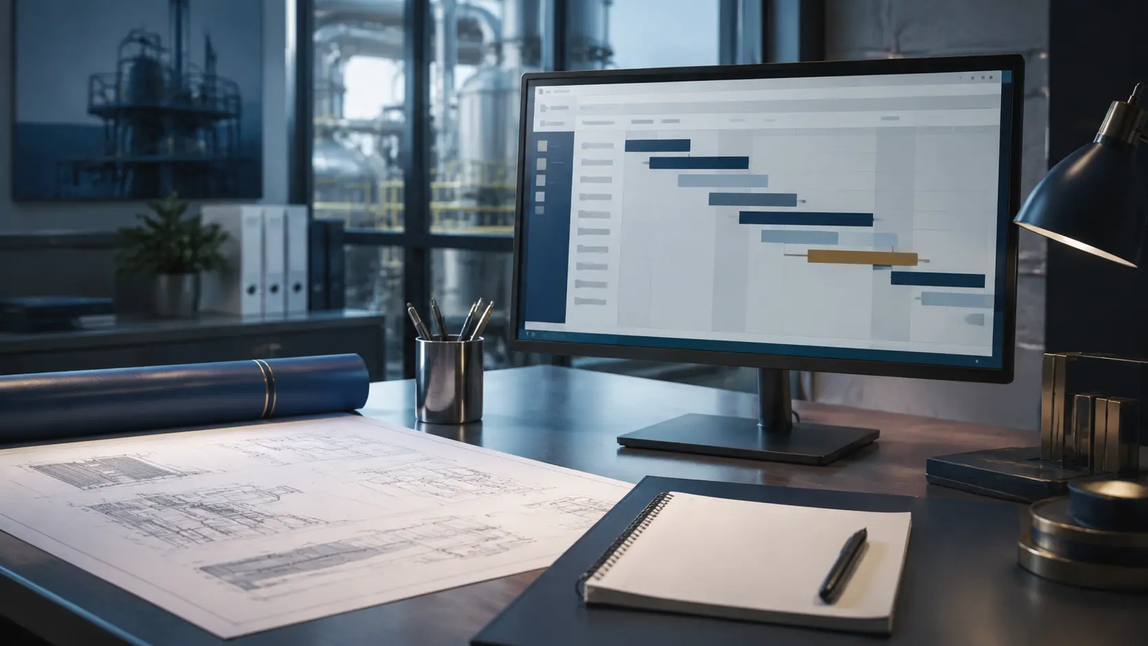 Conceptual illustration of an industrial planning desk with a non-operational schedule display and drawings