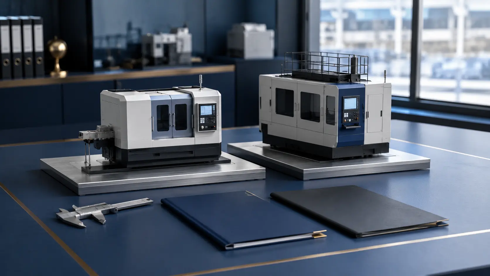 Conceptual illustration of two industrial equipment models and anonymous specification documents for comparison
