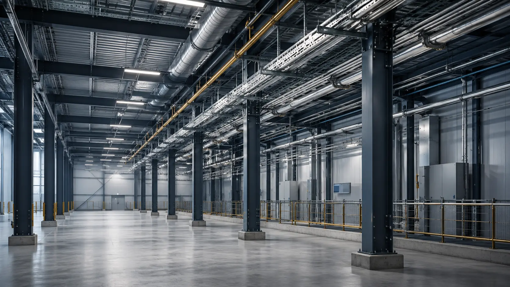 Conceptual illustration of an industrial hall under completion with coordinated structural and building-service routes