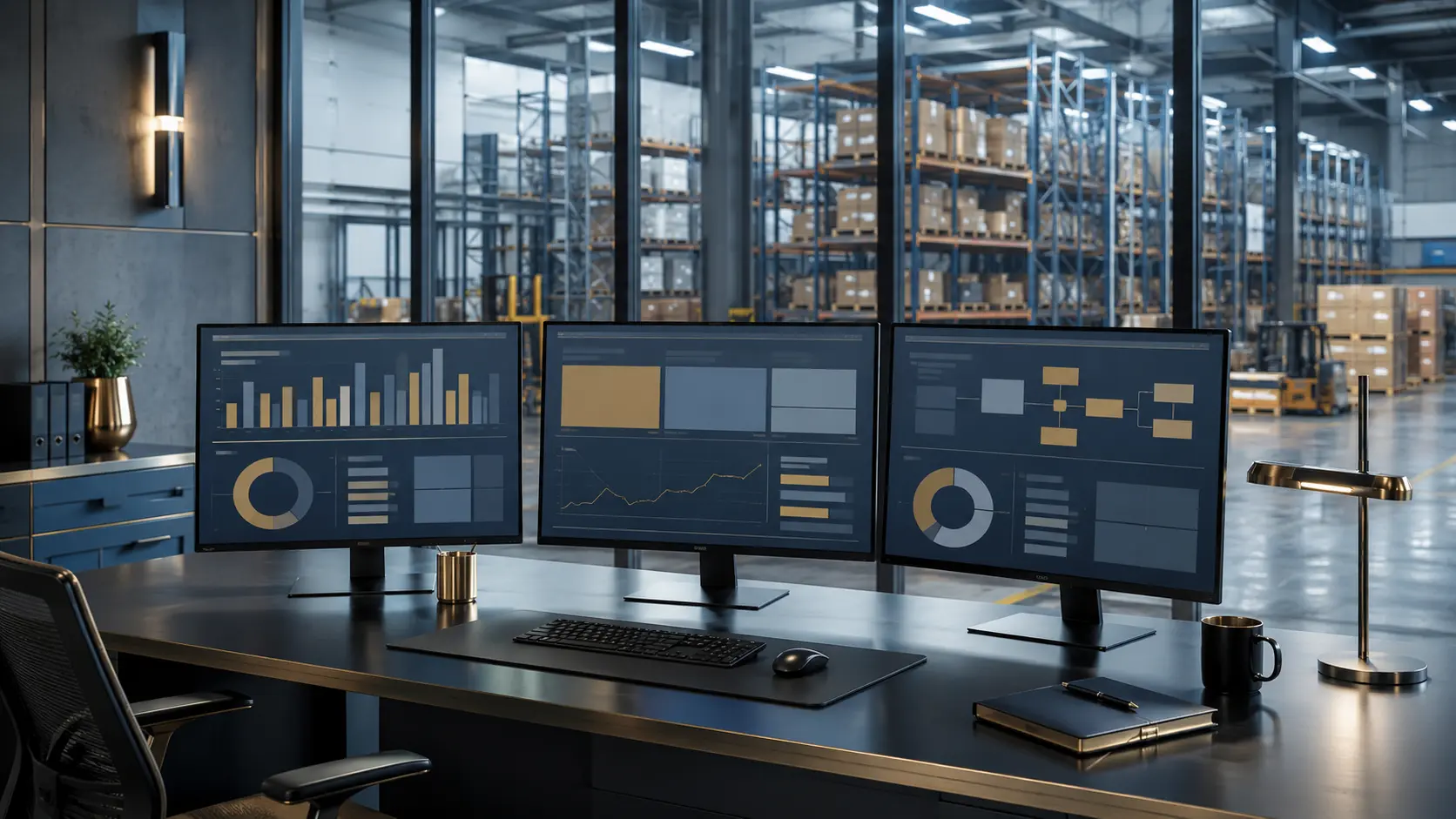 Conceptual factory office with illustrative data displays, not a screenshot of a real software product