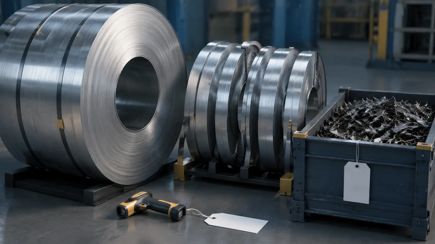 Conceptual illustration of a parent coil, slit coils, separated scrap and identification equipment