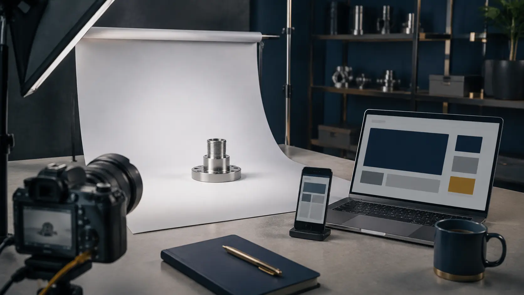 Conceptual illustration of product photography and digital content preparation for an industrial component